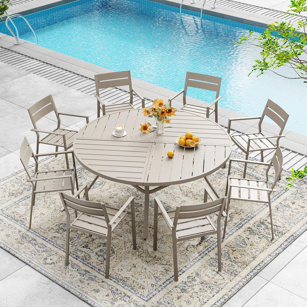 9-Piece Metal Outdoor Patio Dining Set with 53.1 in. Sandshell Round Slatted Table and 8 Sandshell Stackable Chairs price history on PriceWatchPro