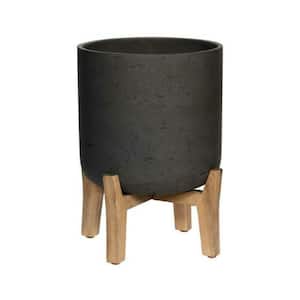 14.17 in. W x 17.52 in. H XL Round Black Washed Fiberclay Indoor Outdoor Charlie Planter - Feet Low