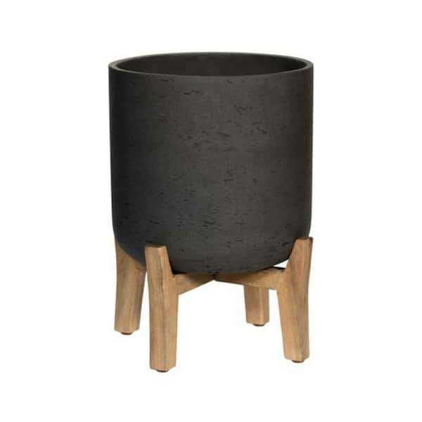 PotteryPots 14.17 in. W x 17.52 in. H XL Round Black Washed Fiberclay Indoor Outdoor Charlie Planter - Feet Low