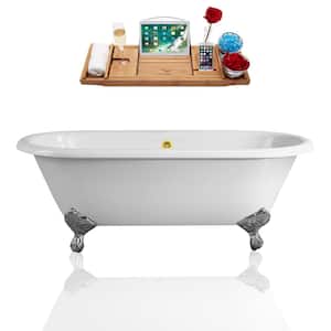 60 in. Cast Iron Clawfoot Non-Whirlpool Bathtub in Glossy White with Polished Gold Drain and Polished Chrome Clawfeet
