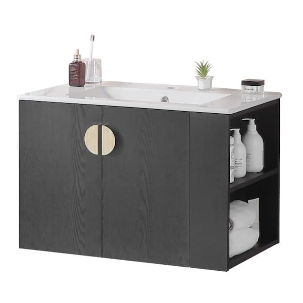 HwoamneT 30.00 in. W x 18.30 in. D x 19.60 in. H Floating Bath Vanity in Black with Side Right Open Storage Shelf
