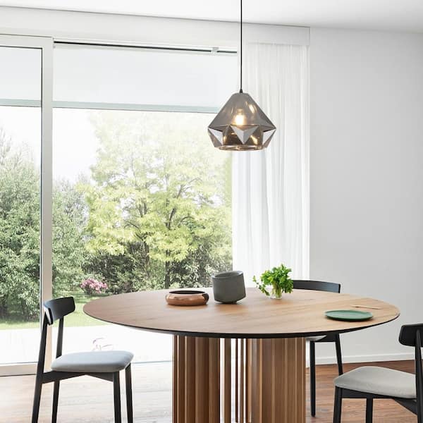 1 Light Black Industrial Hanging Pendant Light Chandelier with Smoky Grey Glass Shade