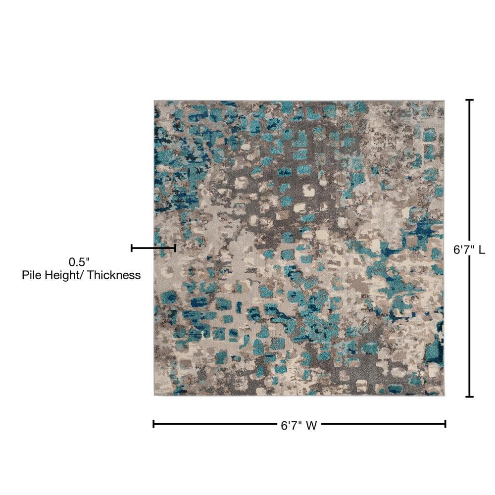 Grey and Light Blue Geometric Synthetic Square Area Rug