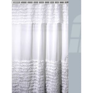Ruffles Shower Curtain/Hooks/Bath Rug Set in White