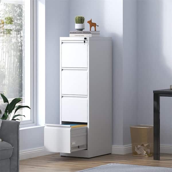 White 52 in. H Metal Office Storage Cabinet Steel Vertical File Cabinet with Lock and 4-Drawers
