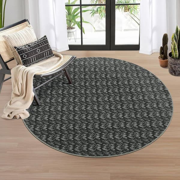 Black 4 ft. x 4 ft. Round Polyester Washable Modern Geometric Pattern Area Rug