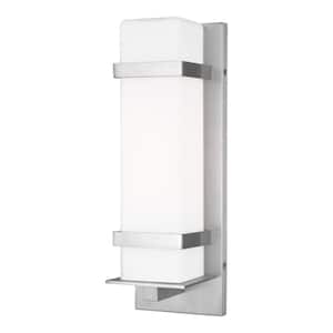 Alban Medium 1-Light Satin Aluminum Outdoor Wall Lantern Sconce With Square Etched Opal Glass Shade