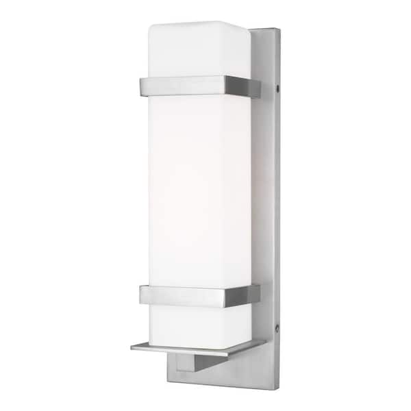 Generation Lighting Alban Medium 1-Light Satin Aluminum Outdoor Wall Lantern Sconce With Square Etched Opal Glass Shade
