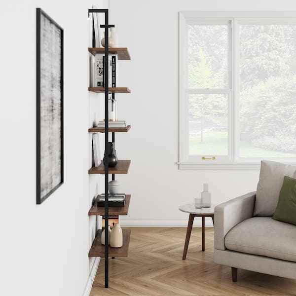 Nathan James Theo 6-Shelf Tall Bookcase, Wall Mount Bookshelf Wood with Metal Frame - Nutmeg/Matte Black