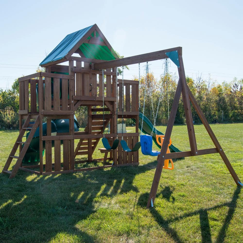 Denali Tower Wooden Playset with Green Slides and Swings