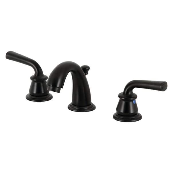 Kingston Brass Restoration 8 in. Widespread 2-Handle Bathroom Faucets with Plastic Pop-Up in Matte Black