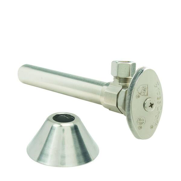 BrassCraft 1/2 in. Sweat Inlet x 3/8 in. Comp Outlet Multi-Turn Angle Valve with 5 in. Ext & Bell Flange in Satin Nickel