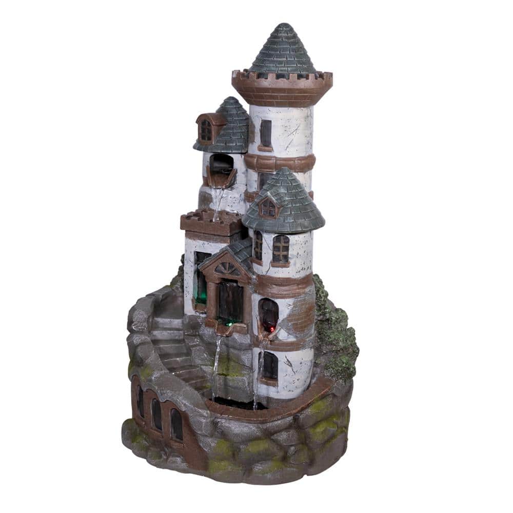 35" Gray Cement Outdoor Castle Fountain with LED Lights