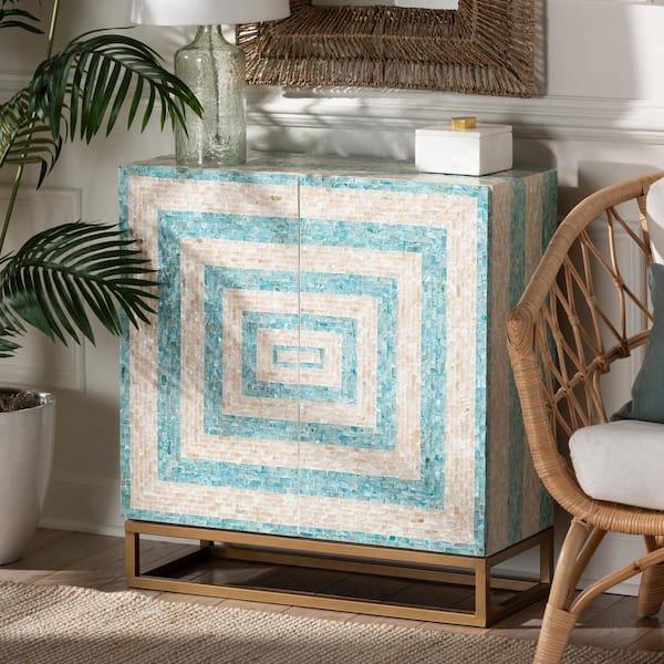 Utari Mosaic Beige and Blue Mother of Pearl Storage Cabinet