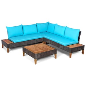 4-Pieces Wicker Patio Conversation Set Loveseat Wooden Side Table with Turquoise Cushions
