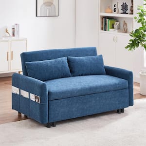 55 in. Blue Pull Out Sleep Sofa Bed Microfiber 2-Seater Loveseat Sofa Couch with 2-Soft Pillows and USB Ports