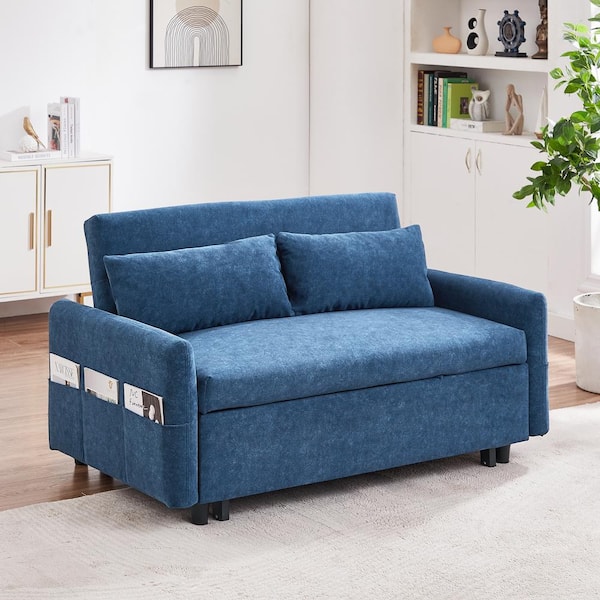 Clihome 55 in. Blue Pull Out Sleep Sofa Bed Microfiber 2-Seater Loveseat Sofa Couch with 2-Soft Pillows and USB Ports