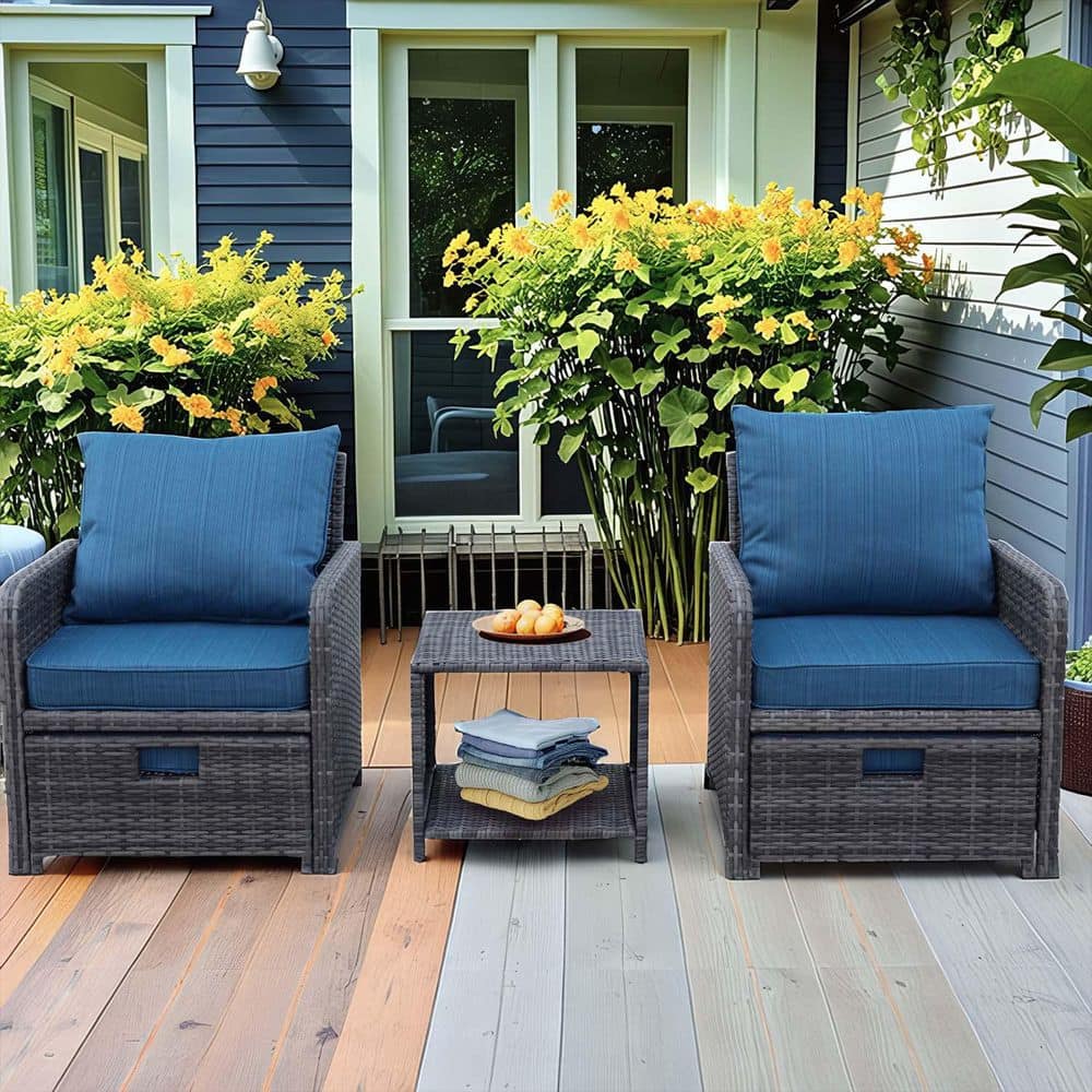 5-Piece Wicker Patio Conversation Set with Blue Cushions, Patio Chairs with