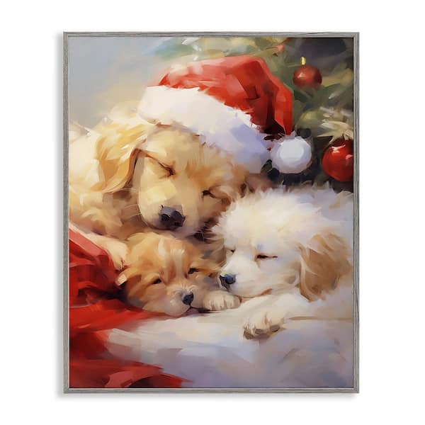 Stupell Industries Christmas Puppies by Tree by Enrico McGarrigle 1 Piece Framed Graphic Print Animal Poster Art Print 14 in. x 11 in.