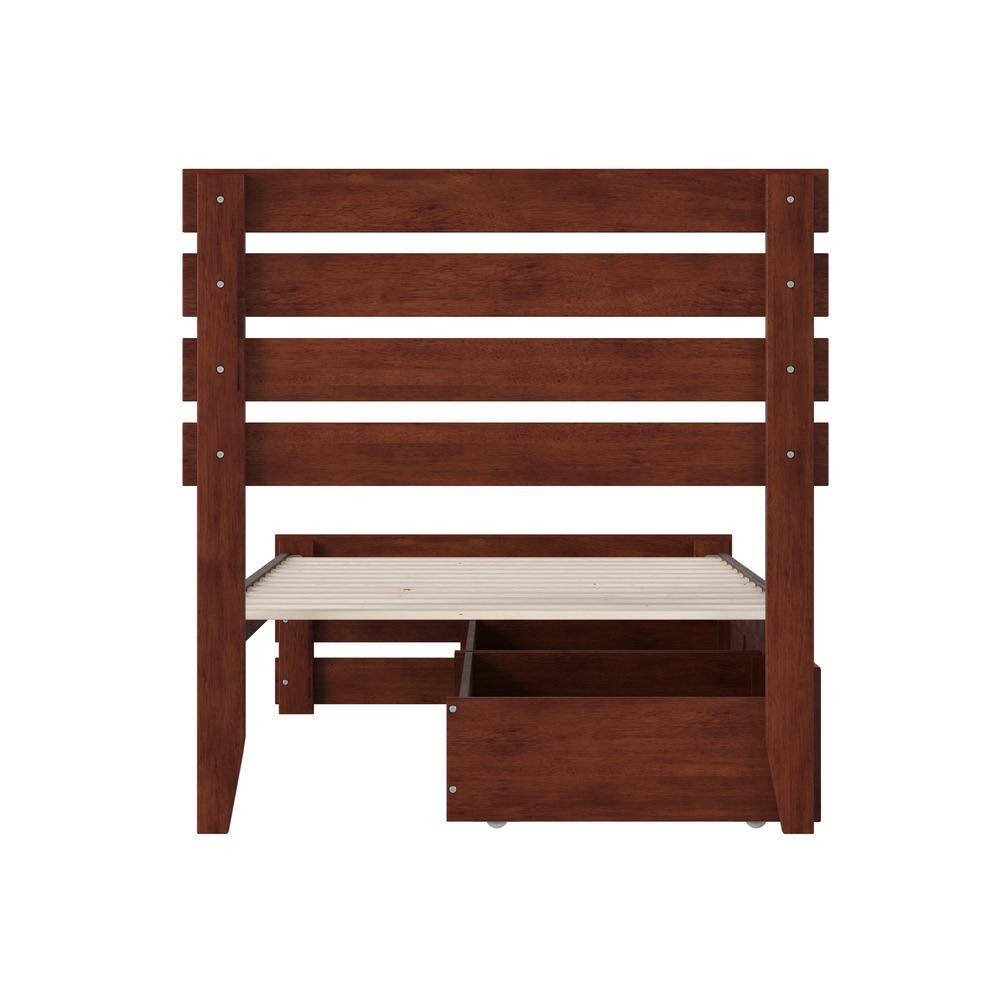 Walnut Twin Wood Platform Bed with Storage Drawers and USB Charger