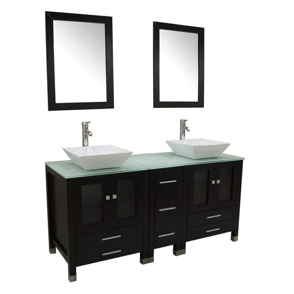 60.1 in. D x 21.7 in. W x 29.5 in. H 2 Sink Black Bathroom Vanity Big Storage Bathroom Vaniy Green Glass Top and Mirror -  Wonline, 2*4196+82+24360