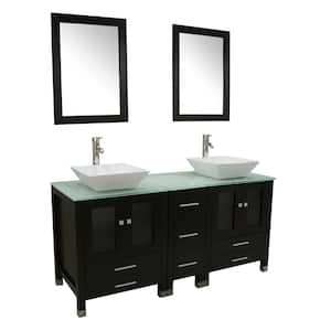 60.1 in. D x 21.7 in. W x 29.5 in. H 2 Sink Black Bathroom Vanity Big Storage Bathroom Vaniy Green Glass Top and Mirror