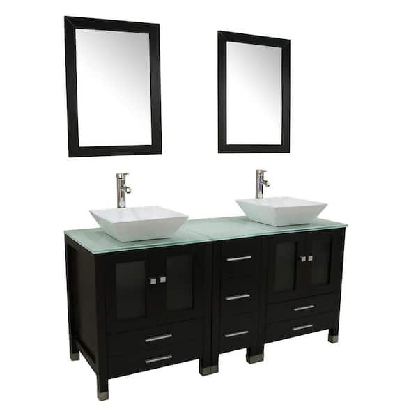 Wonline 60.1 in. D x 21.7 in. W x 29.5 in. H 2 Sink Black Bathroom Vanity Big Storage Bathroom Vaniy Green Glass Top and Mirror