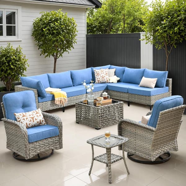 OVIOS Vinceny Gray 10-Piece Wicker Patio Conversation Set with Diamond Blue Cushions and Swivel Chairs