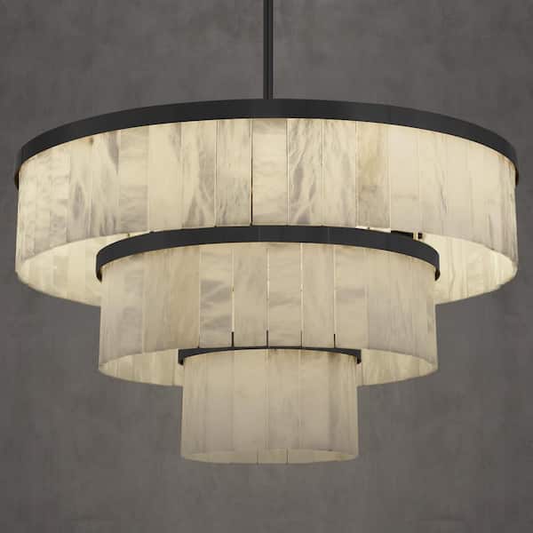 34 in. 15-Light Dimmable Alabaster Black LED Round 3-Tiers Chandelier, for Living Room, Dining Room, Kitchen Island
