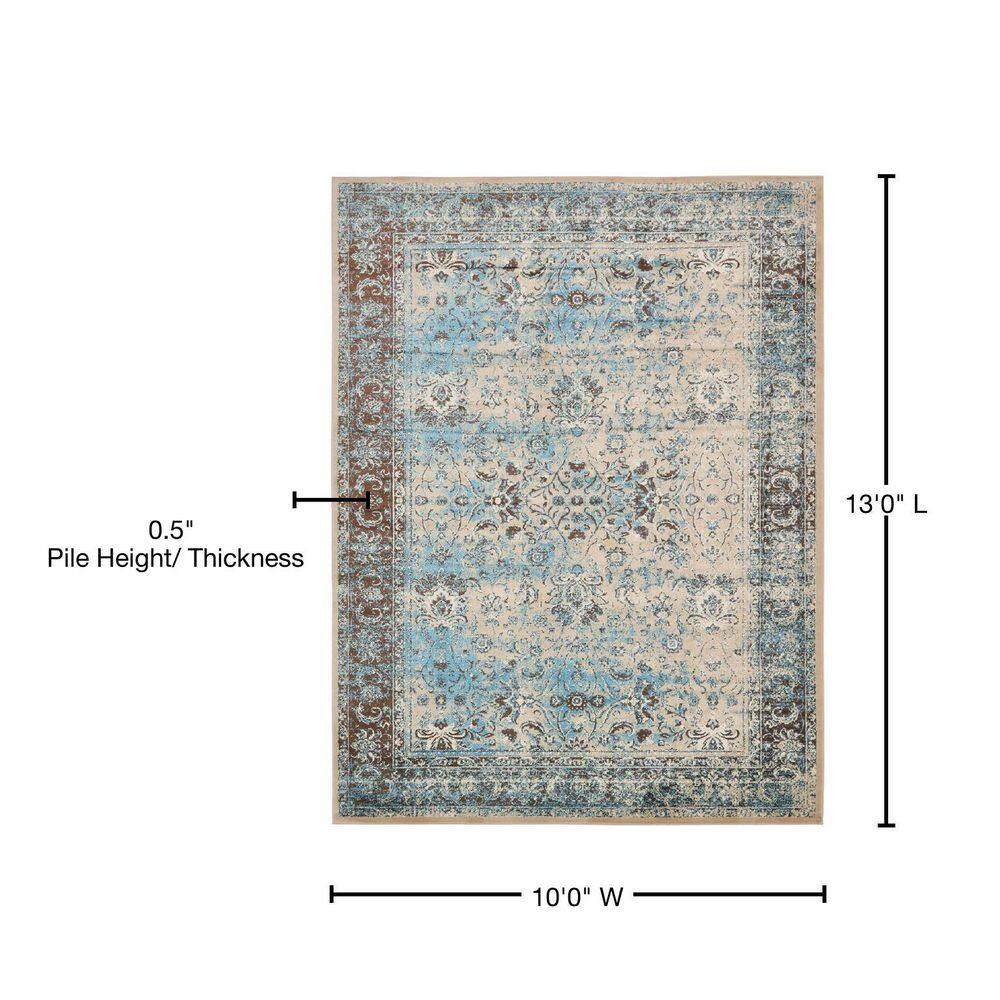 Ivory and Turquoise Floral Synthetic Rectangular Area Rug