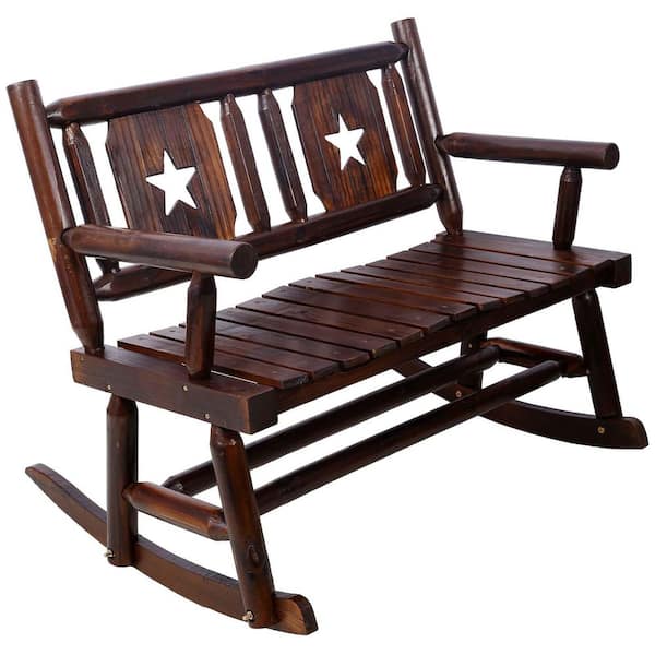 Unbranded Brown Wood Outdoor Rocking Chair Double Rocking Chair with High Back and Deep Contoured Seat for Porch, Garden, Backyard