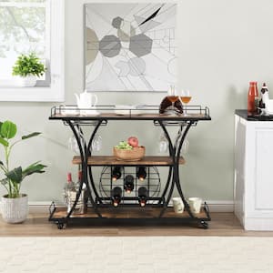 Black Industrial Serving Bar Cart with Wine Rack&Glass Holder, Kitchen Trolley with Wheels and 3-Tier Wooden Shelves