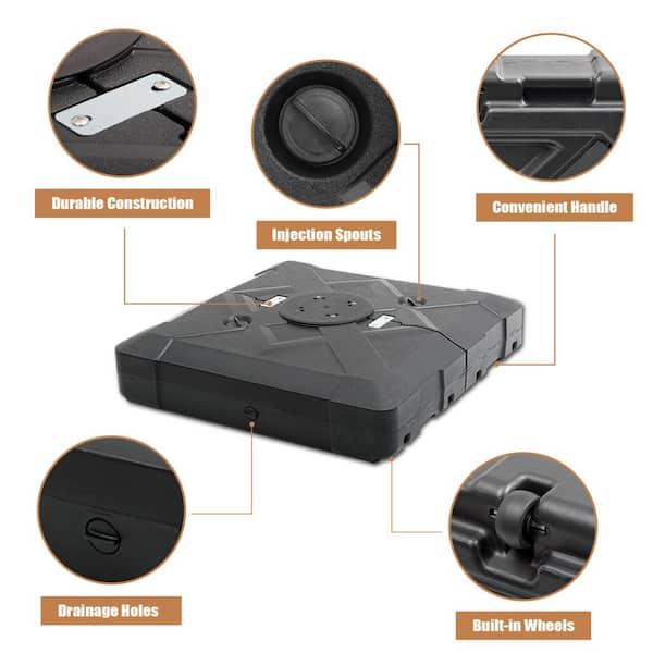 350 lbs. Mobile Square HDPE Heavy-Duty Outdoor Sand and Water Filled Patio Umbrella Base with 8-Wheels in Black