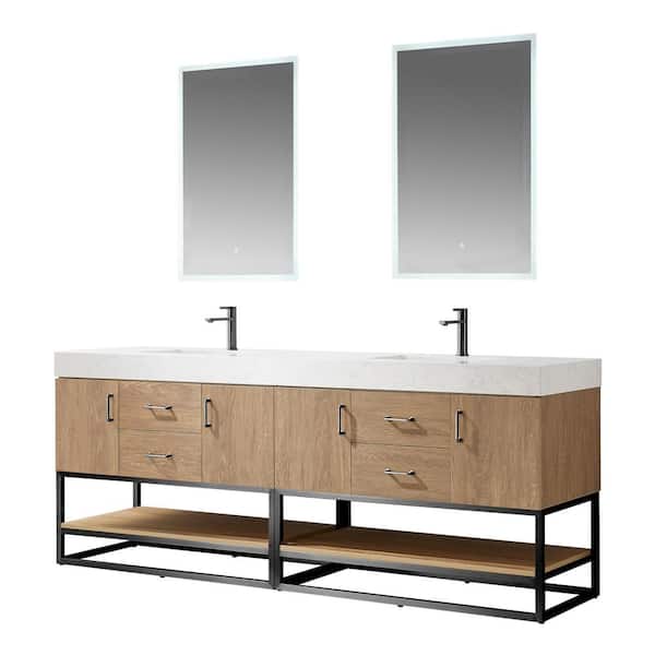 Alistair 84 in. W x 22 in. D x 34 in. H Double Sink Bath Vanity in BK-N.A Oak with White Composite Stone Top and Mirror