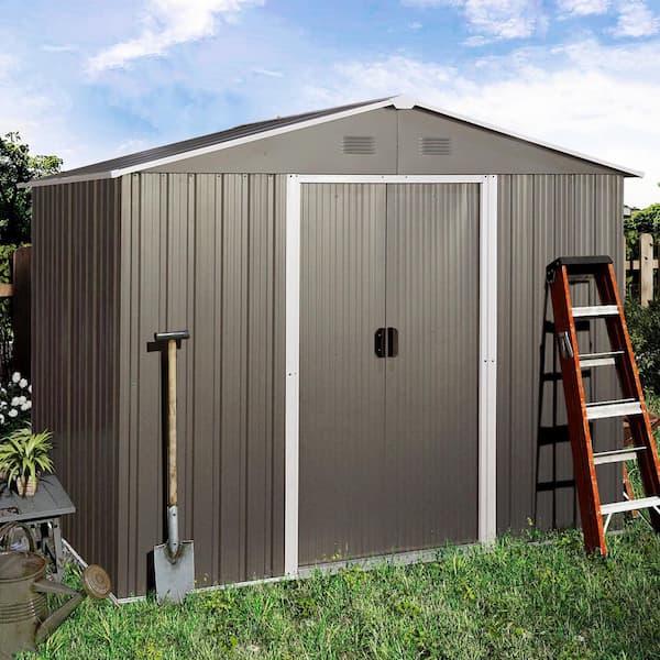 8 ft. W x 6 ft. D Metal Storage Shed Outdoor Tool House Room with Floor Frame, Shelves and Hooks, Gray (39 sq. ft.)