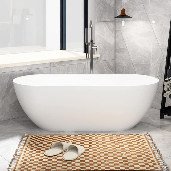 Staykiwi 69 in. x 29in. Stone Resin Freestanding Flatbottom Soaking Bathtub Center Drain in Matte White