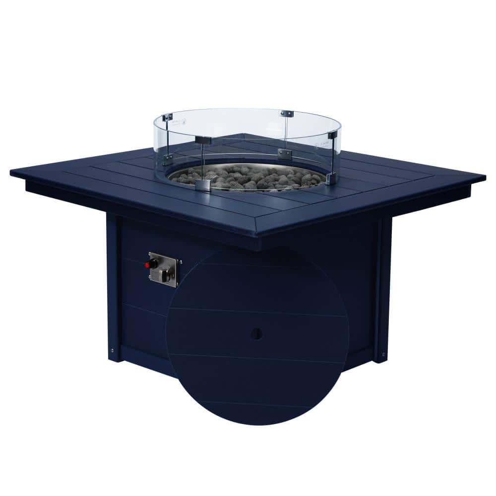 "Bloomfield Square 42"" Outdoor Patio Propane Gas Fire Pit Table with Glass Wind Guard Lid and Lava Rocks, Navy Blue" price history on PriceWatchPro