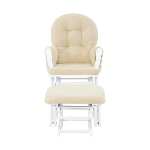 HOMESTOCK White/Cream Nursery Glider and Ottoman Set with Cushion, Rocker Rocking Chair for Breastfeeding, Maternity