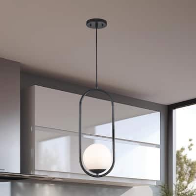 8 in. 1-Light Black Hanging Mini Pendant Light Fixture with Opal Glass Globe Shade