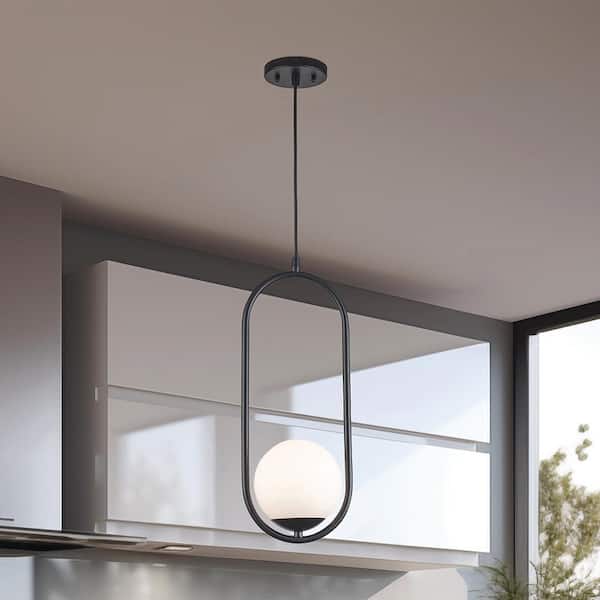 8 in. 1-Light Black Hanging Mini Pendant Light Fixture with Opal Glass Globe Shade