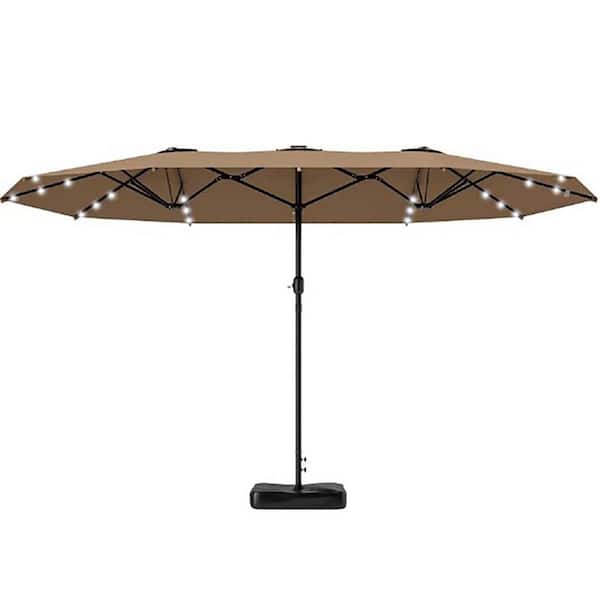 14.4 ft. Metal Market Patio Umbrella in khaki with Base, LED Solar Lights