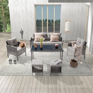 6-Piece Patio Outdoor Wicker Conversation Sofa Set Thickening With 3-Seater and Table for Poolside, Linen Grey Cushions