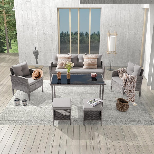 JOYESERY 6-Piece Patio Outdoor Wicker Conversation Sofa Set Thickening With 3-Seater and Table for Poolside, Linen Grey Cushions