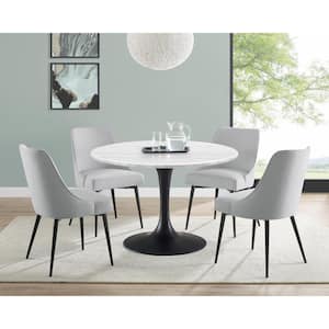 Colfax 45 in. Round White Marble Table with Black Pedestal Base and 4 Stone Upholstered Chairs