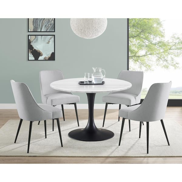 Steve Silver Colfax 45 in. Round White Marble Table with Black Pedestal Base and 4 Stone Upholstered Chairs