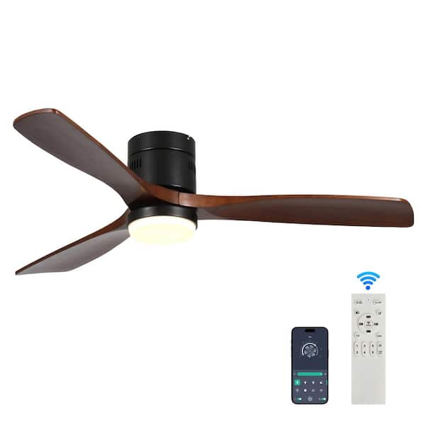 FIRHOT 52 in. Smart Indoor Black Low Profile Standard Ceiling Fan with Solid Wood Blade APP Remote Dimmable Integrated LED