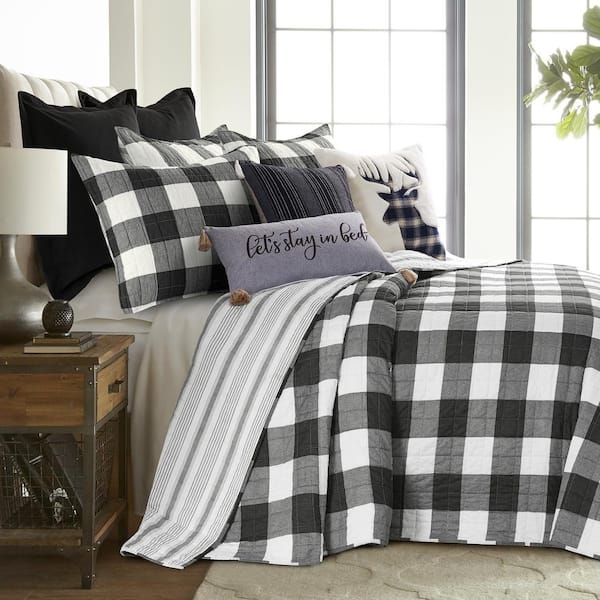 LEVTEX HOME Camden 3-Piece Black Checked Cotton Full/Queen Bedspread Quilt Set