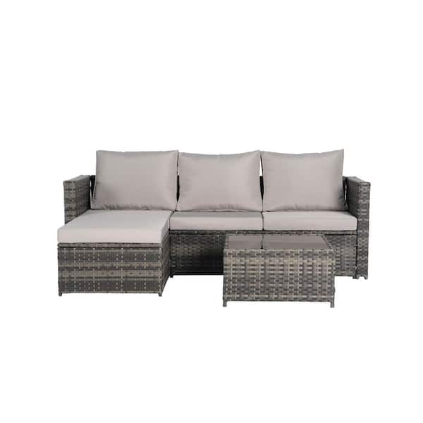 Unbranded 3-Pieces Wicker Patio Conversation Set, L-Shaped Furniture Set with Light Gray Cushions, Ottoman, Table