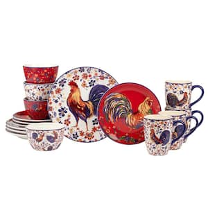 Morning Rooster 16-Piece Multi-Colored Earthenware Dinnerware Set (Service for 4)