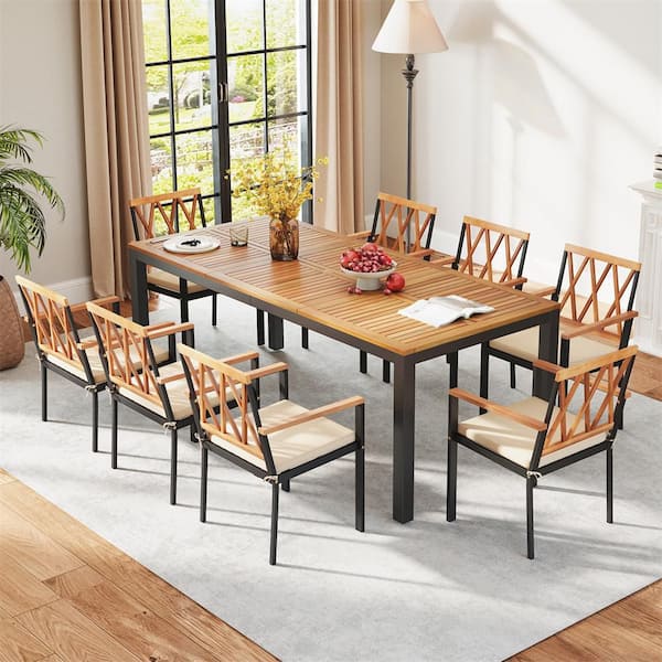 79 in. Rectangular Acacia Wood Dining Table 8-Person Patio Dining Table with Umbrella Hole